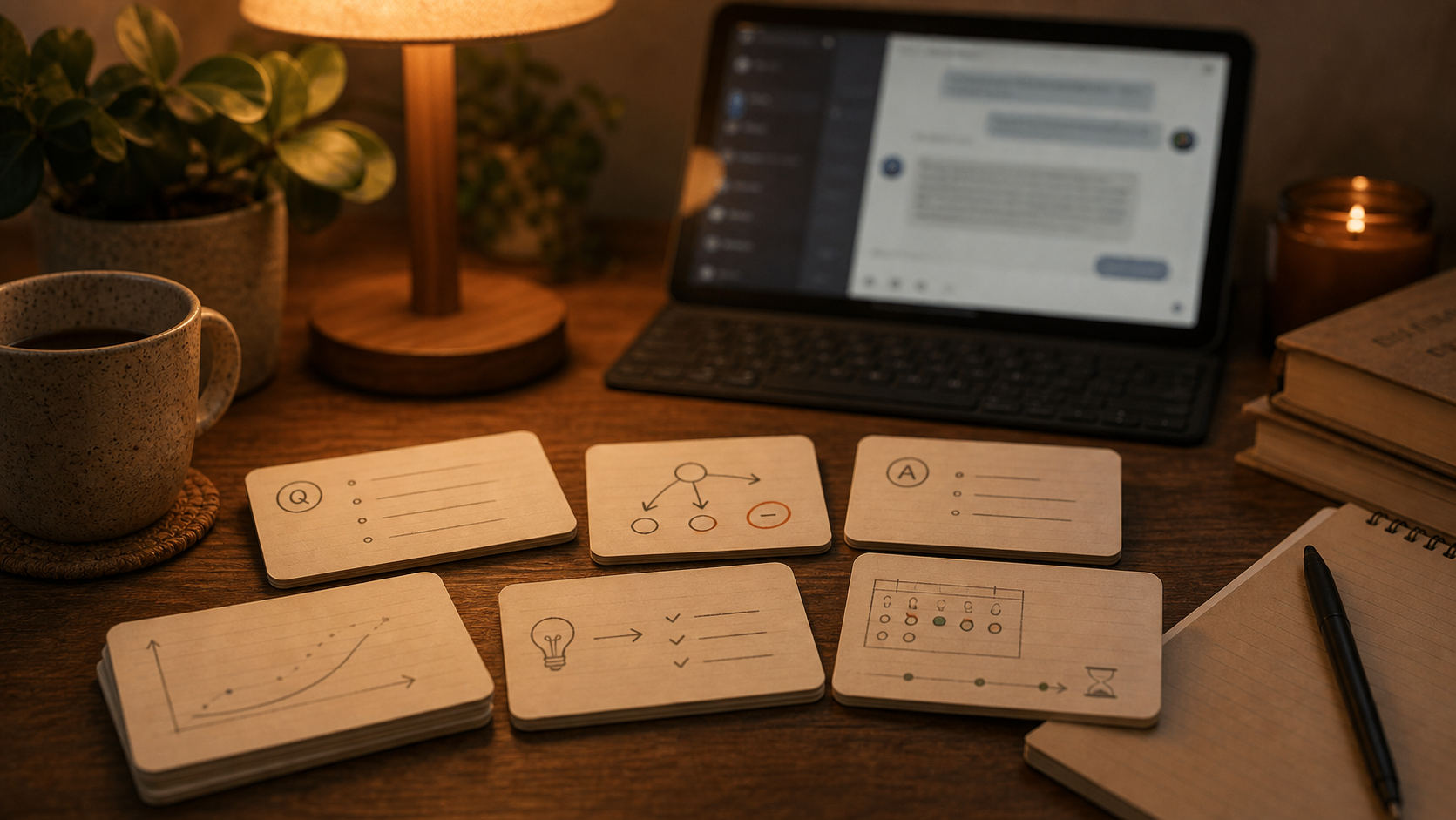 Student studying with an AI tutor on one screen and a small set of targeted flashcards on another