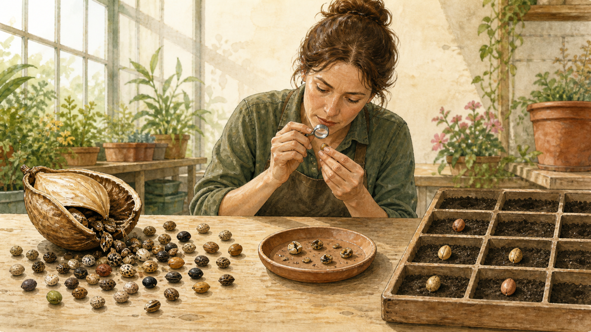 A horticulturist inspects seeds from one opened pod before placing only the sound ones in a spaced germination grid
