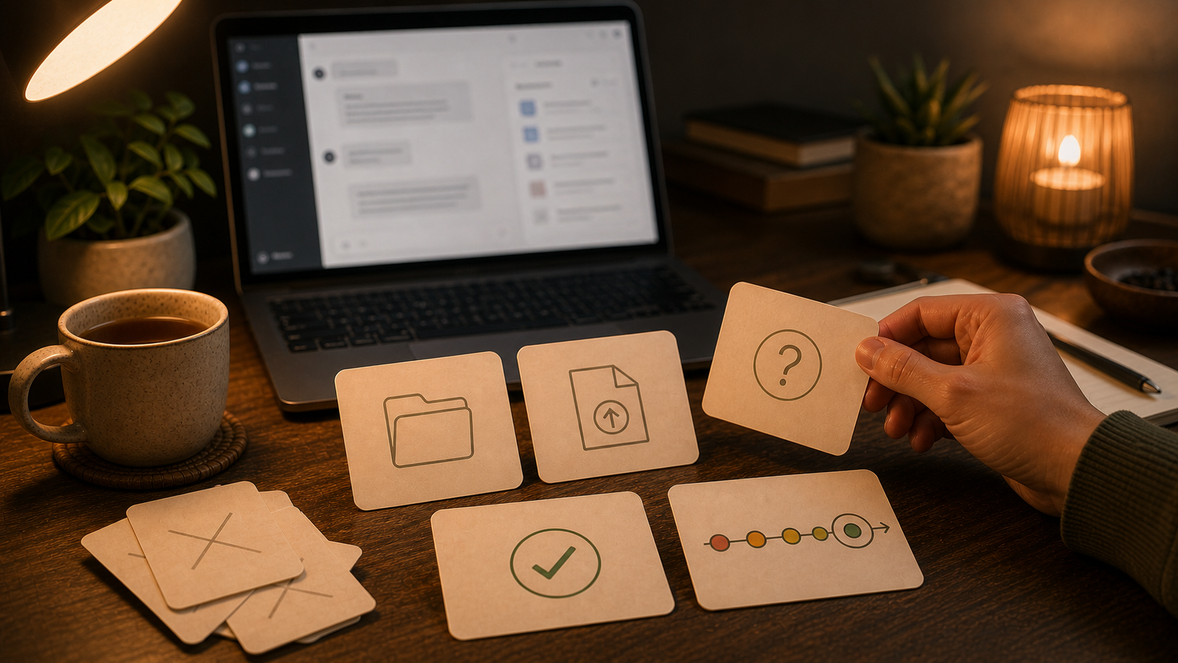 A warm desk scene with Claude-style project drafts, file upload cards, and selected FSRS flashcards