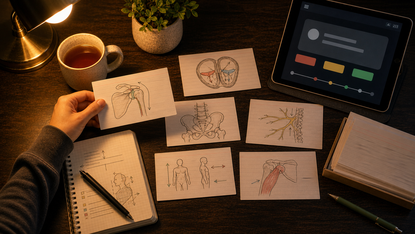 Anatomy flashcards for lab practical review on a warm study desk