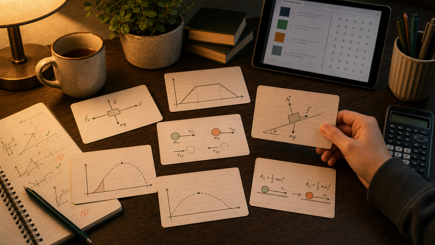 AP-Physics-1-Flashcards mit Kraftdiagrammen, Graphnotizen, Bluebook-Ansicht und Taschenrechner auf einem warmen Schreibtisch