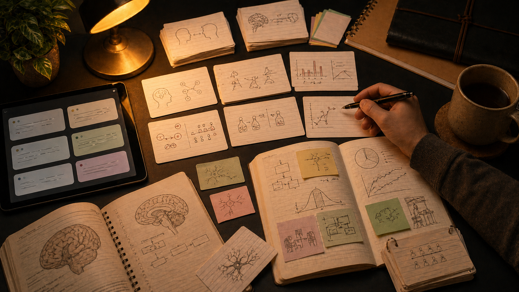 Warm AP Psychology study desk with flashcards, brain sketches, charts, and a tablet for review
