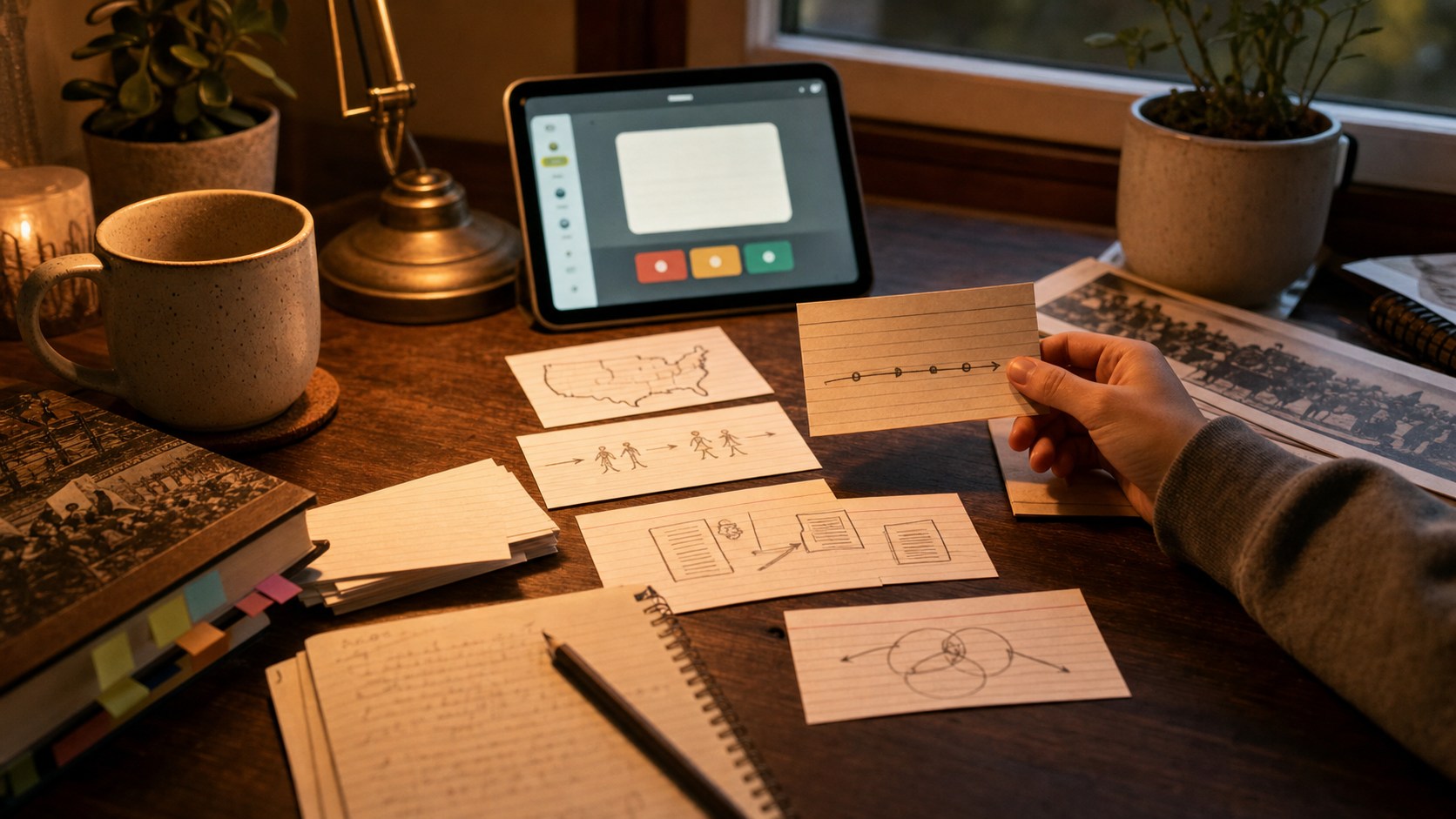 AP US History flashcards study desk with timeline cards, source notes, and a review tablet