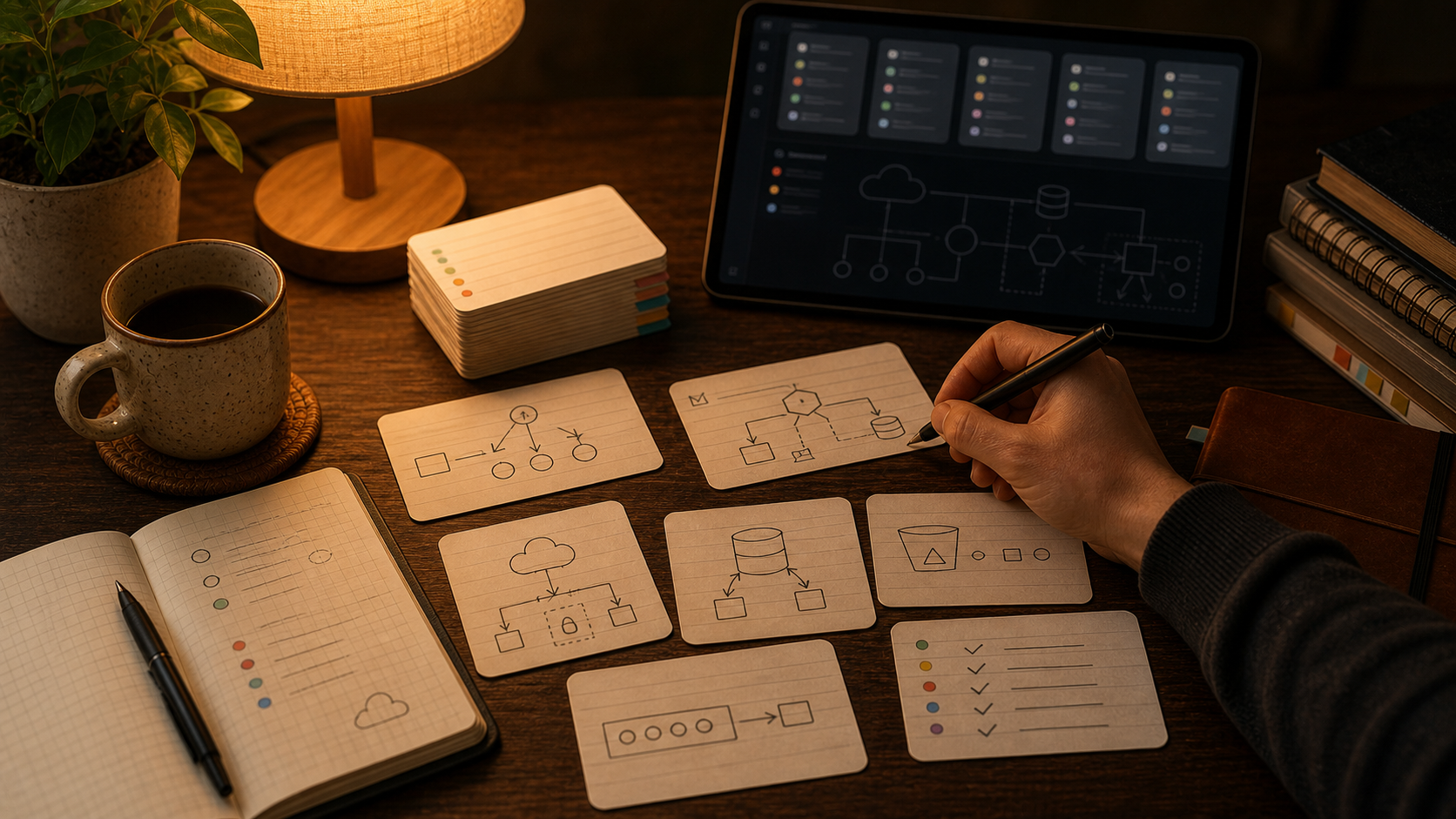 Warm AWS architecture study desk with SAA-C03 flashcards, cloud diagrams, and FSRS review on a tablet