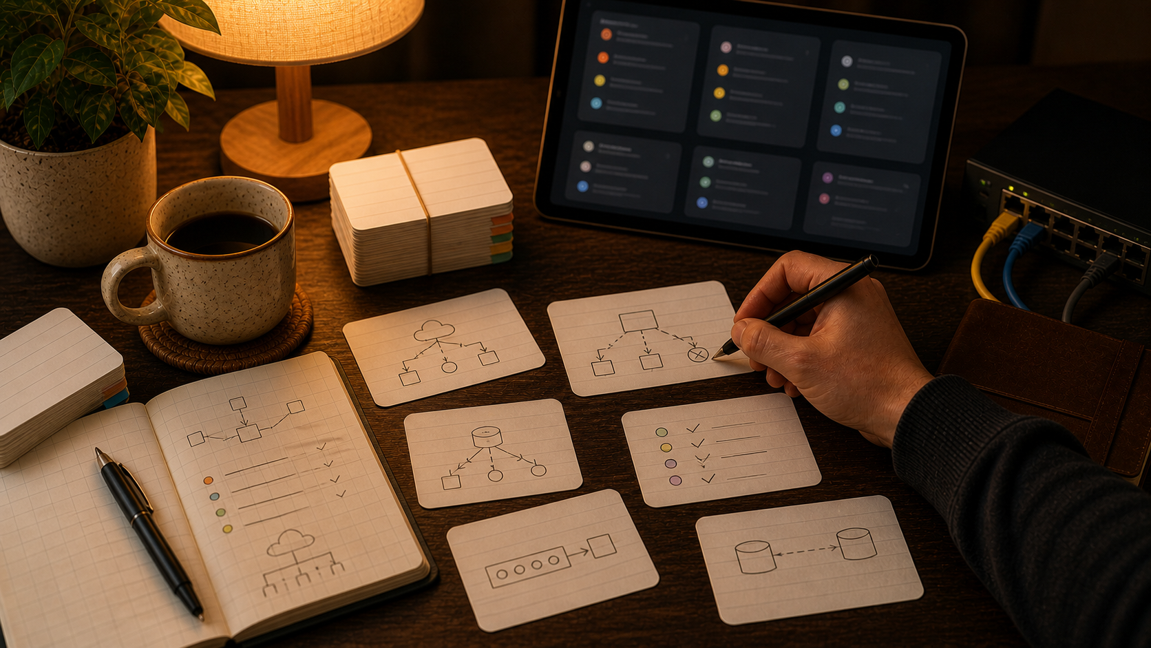 Warm CCNA flashcards study desk with subnetting cards, network topology sketches, show-command review, and a small lab switch