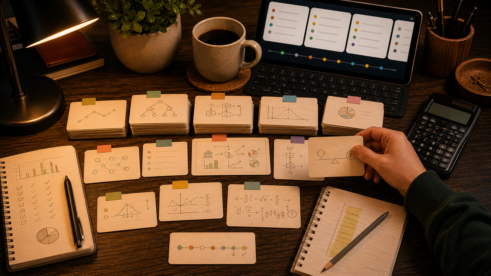 Warm CFA Level II study desk with LOS tags, item-set flashcards, formula cards, and mock-exam review notes