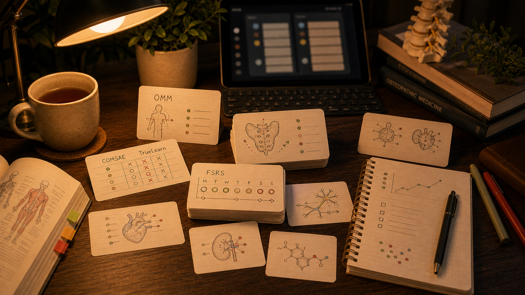 COMLEX Level 1 flashcards with OMM notes, COMSAE and TrueLearn misses, and an FSRS review card on a warm study desk