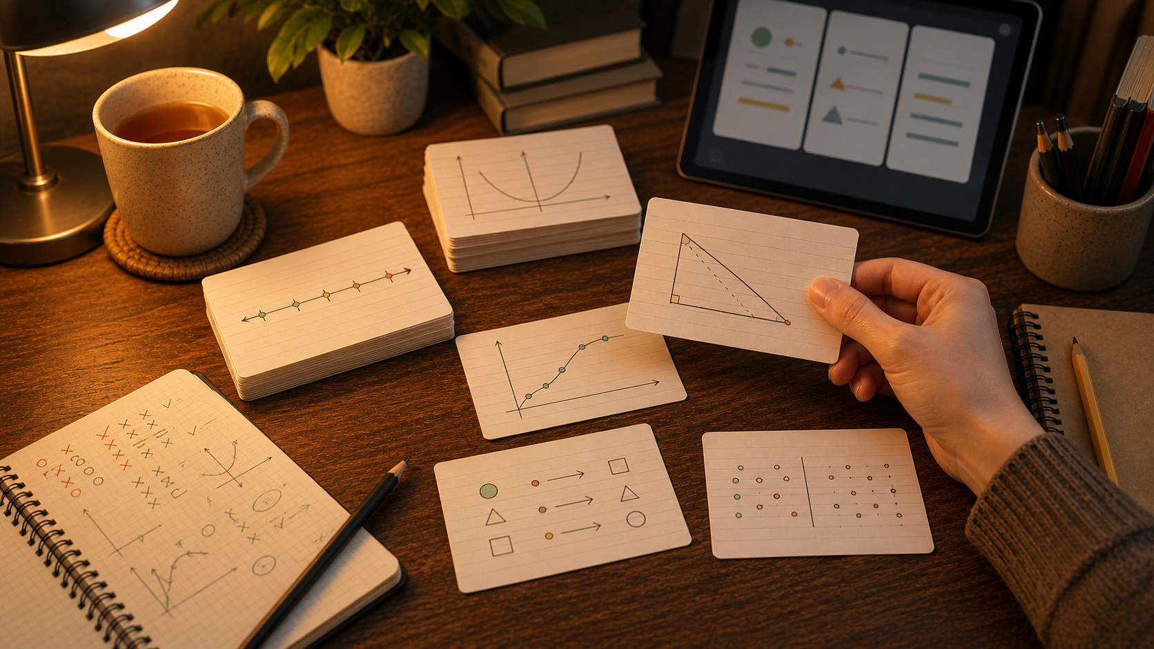 Warm desk with math flashcards, notebook, and study tools