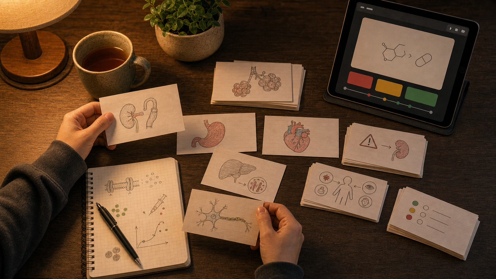 Warm pharmacology flashcard study desk with handwritten cards and a tablet review screen