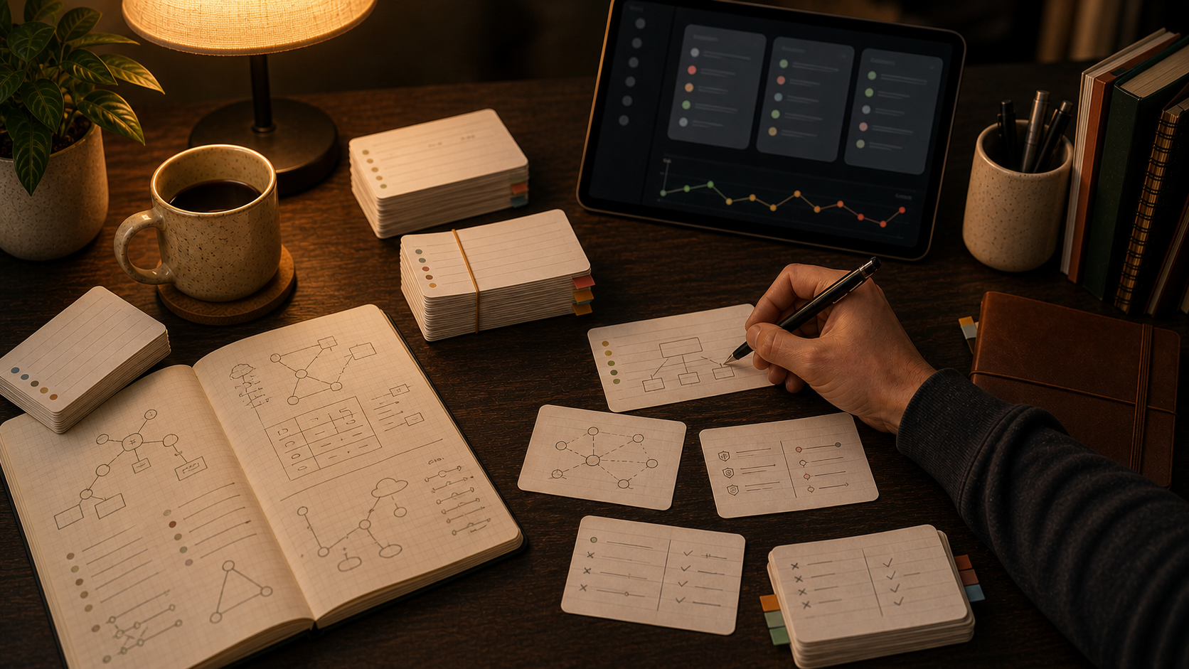 Warm Security+ flashcards study desk with tagged cards, PBQ-style diagrams, and spaced-repetition review setup