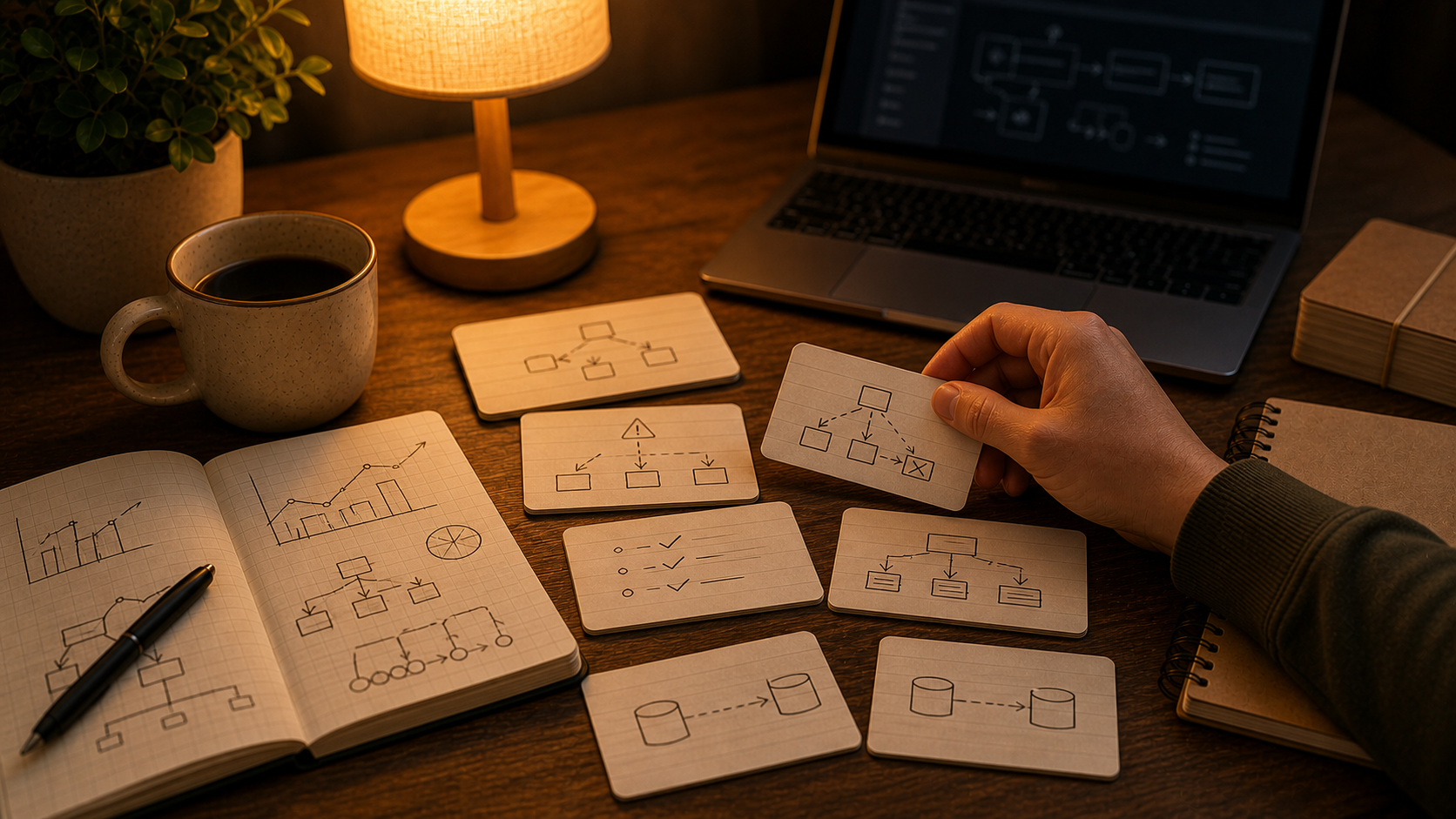 Warm desk with system design interview flashcards and notebook diagrams