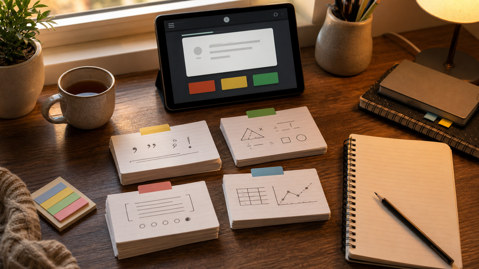 ACT flashcards study desk with section cards for English, Math, Reading, and Science