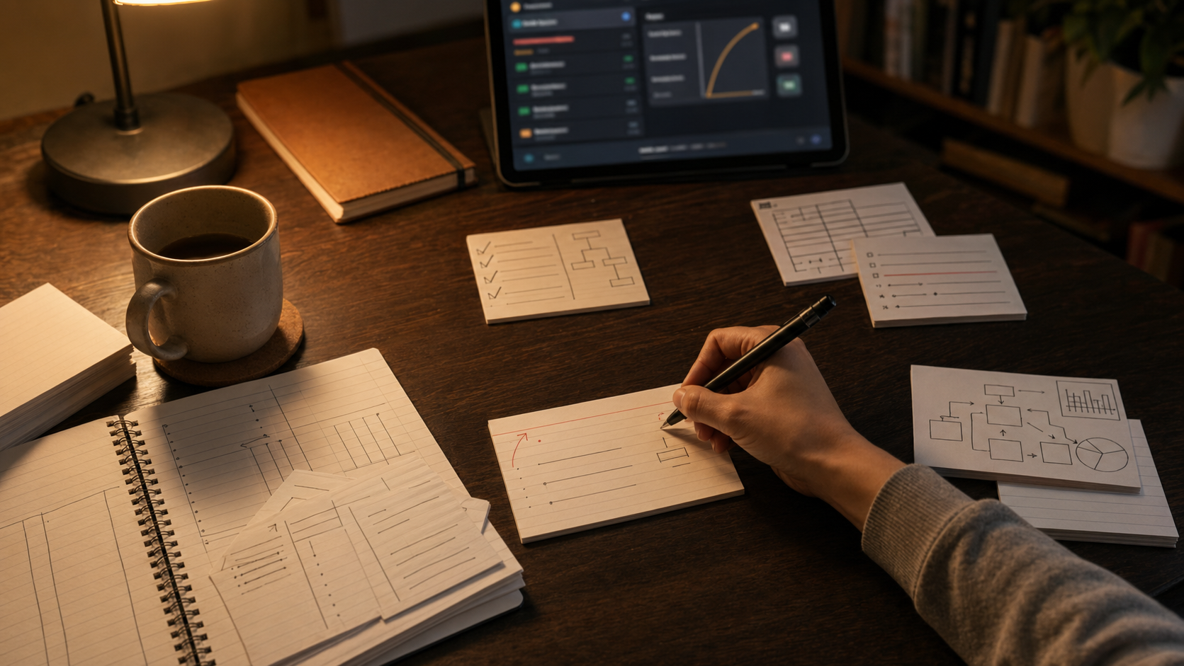 CPA candidate reviewing FAR, AUD, and REG flashcards beside warm study notes and task-based simulation corrections