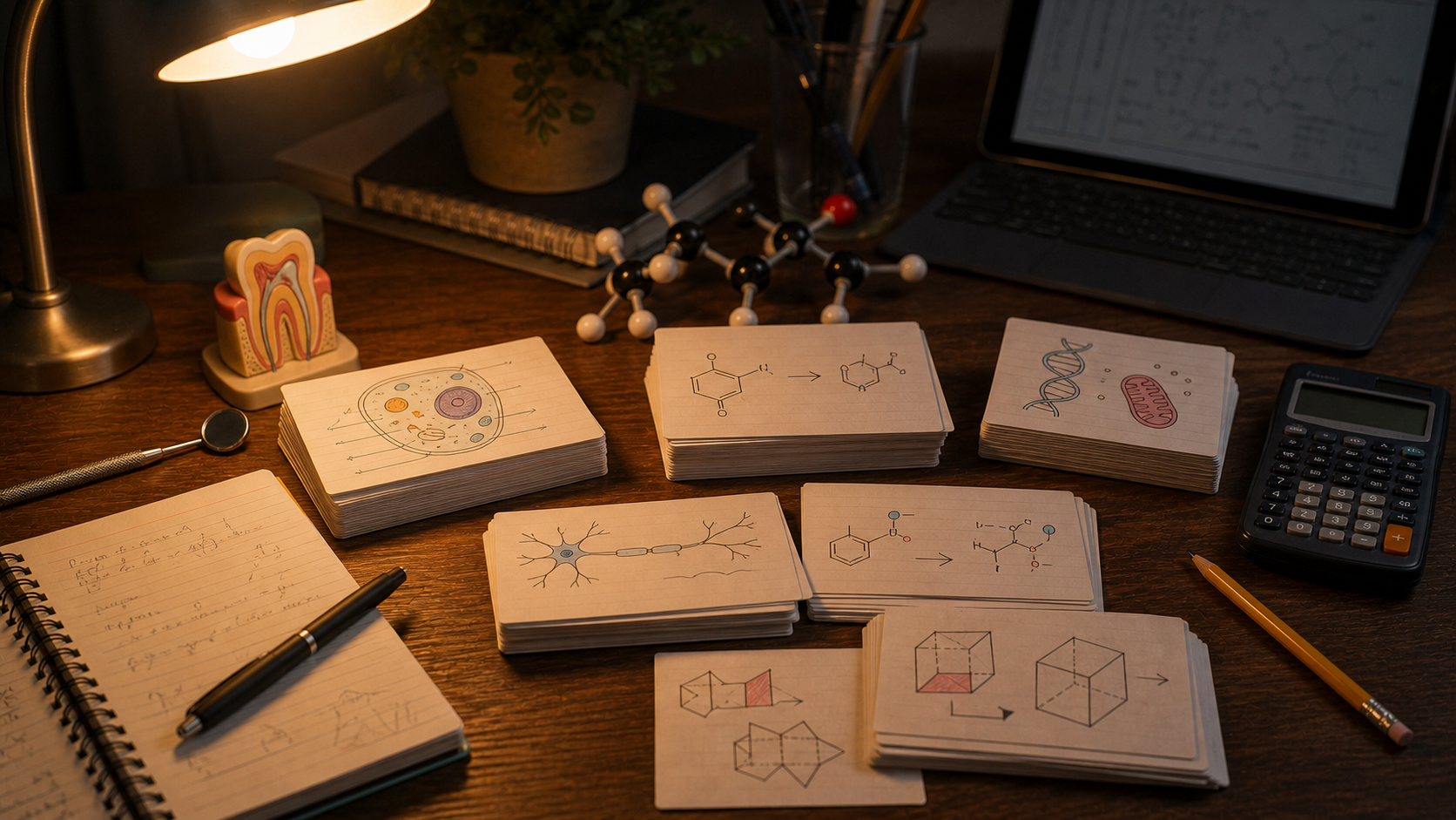 DAT flashcards and study tools on a warm desk