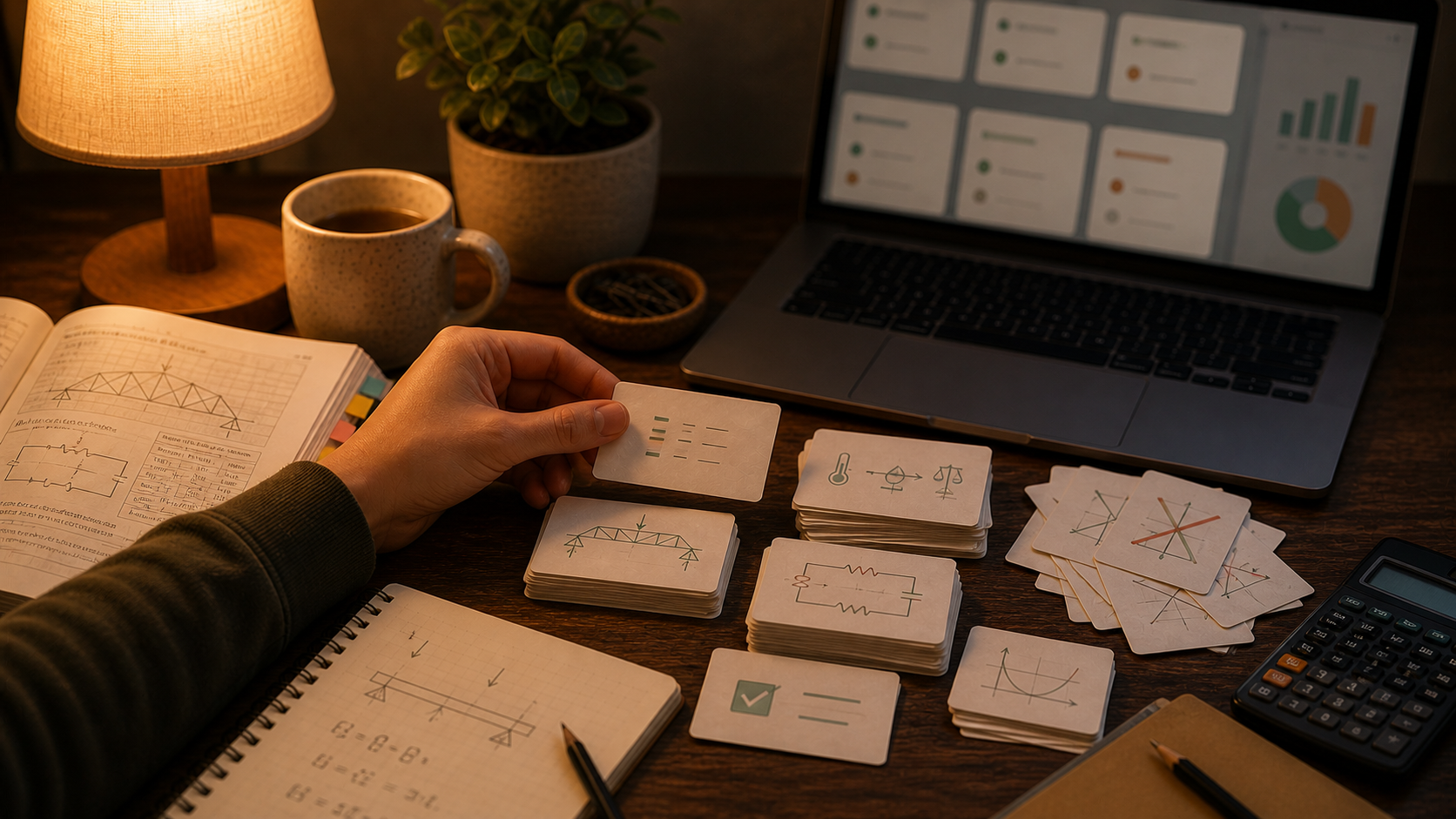 Warm engineering study desk with FE exam flashcards, unit-conversion notes, and a softly blurred review dashboard