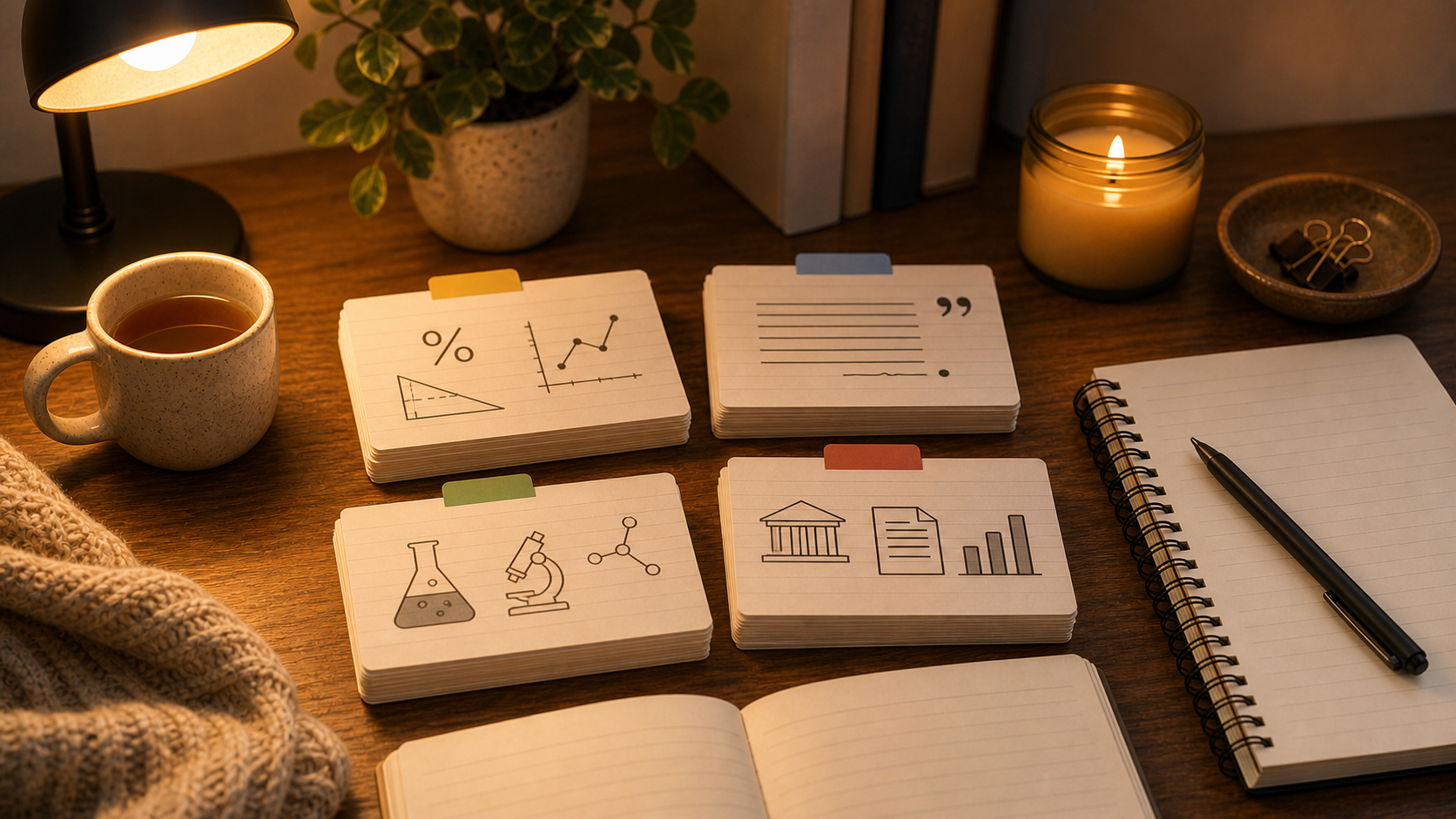GED flashcards on a warm study desk