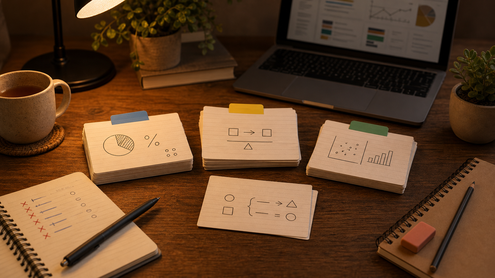 GMAT flashcards on a warm study desk