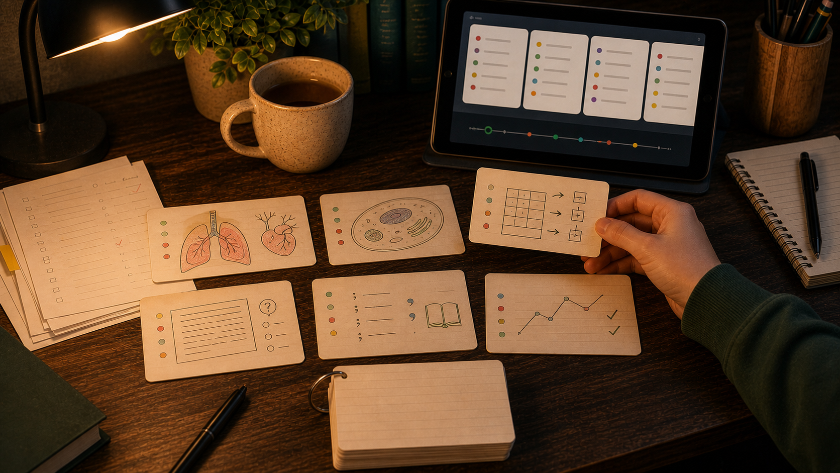 Warm HESI A2 study desk with school-specific flashcards for anatomy, biology, math, reading, grammar, vocabulary, and practice misses