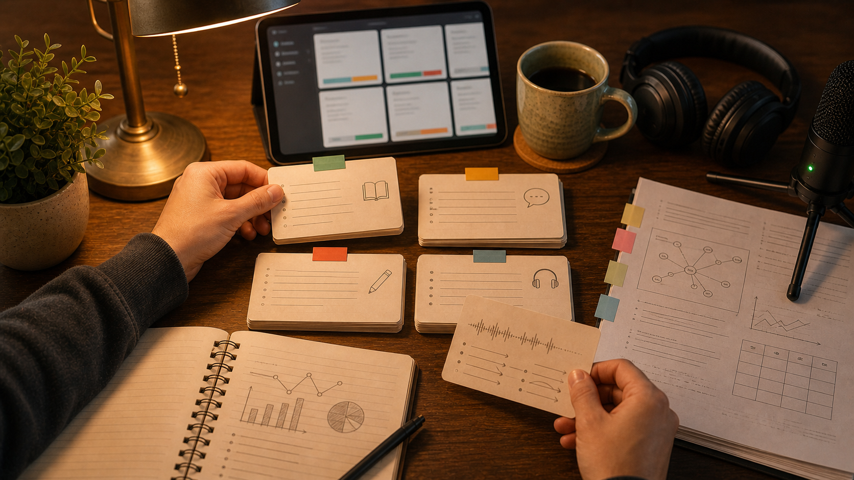 Warm IELTS flashcard desk with speaking, writing, listening, and vocabulary cards