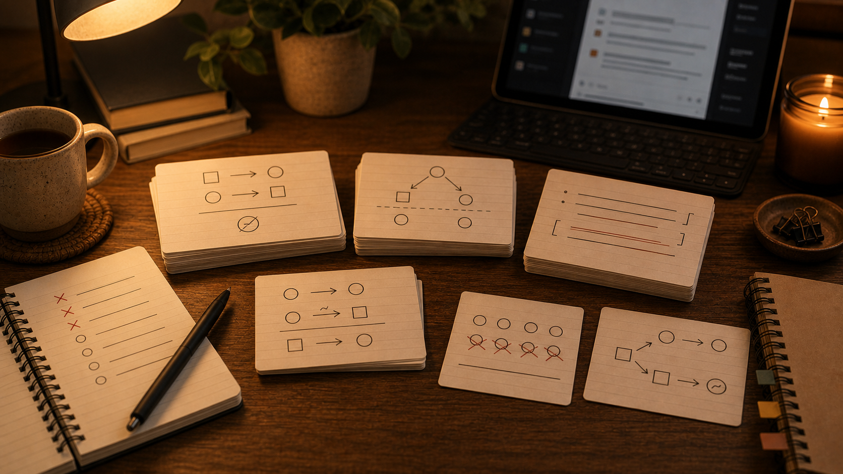 LSAT flashcards on a warm study desk