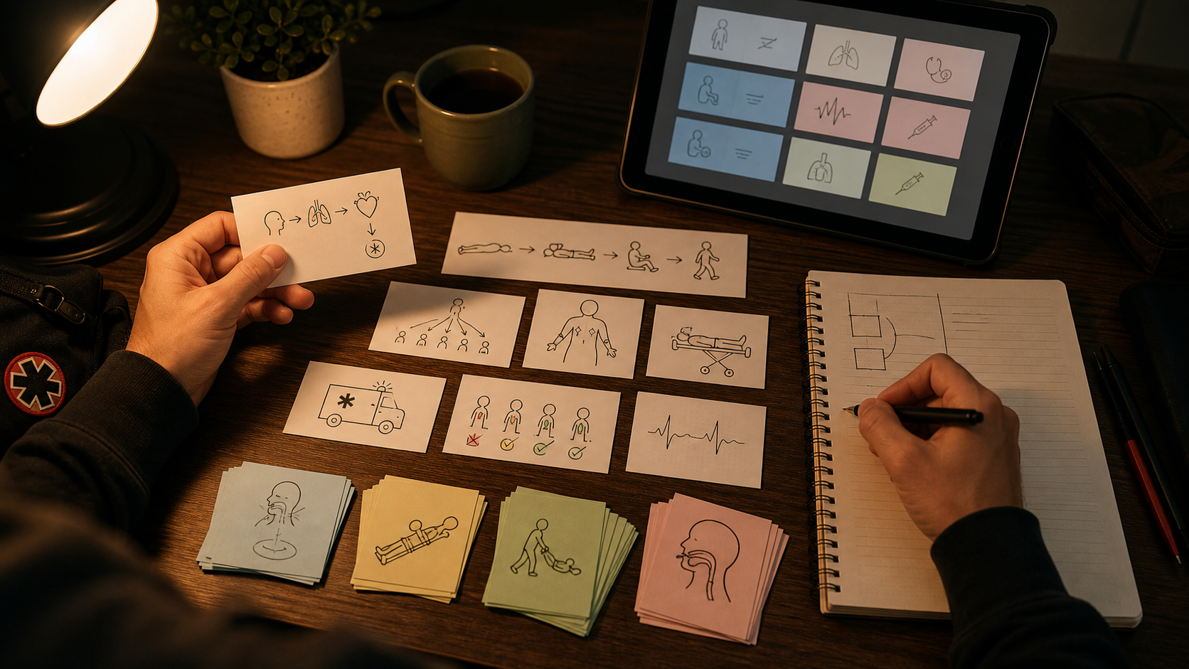Warm NREMT study desk with EMT flashcards for primary assessment, TEI ordering practice, and CAT review