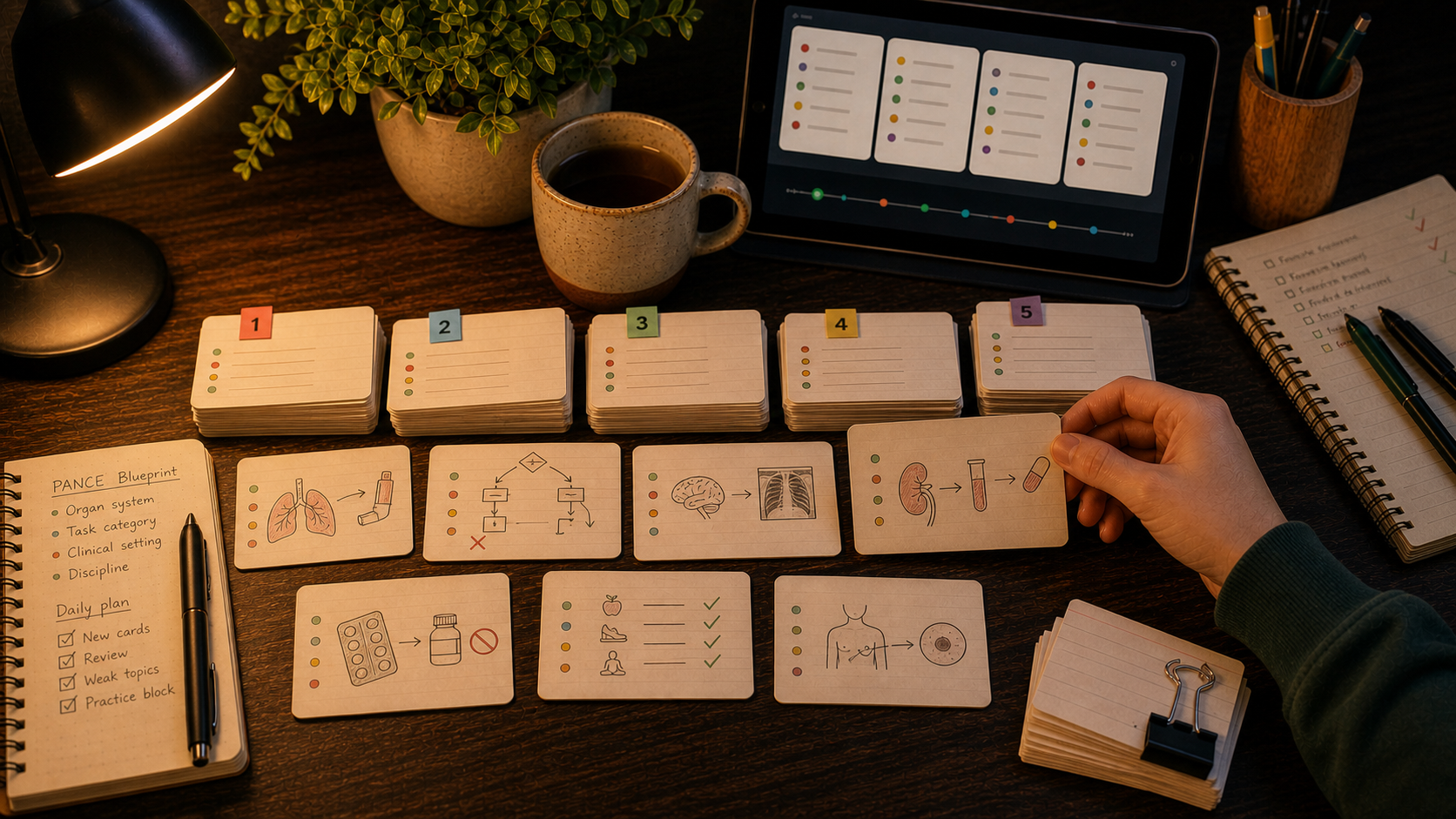 Warm PANCE study desk with blueprint tags, practice exam feedback cards, clinical-vignette cues, and five review blocks