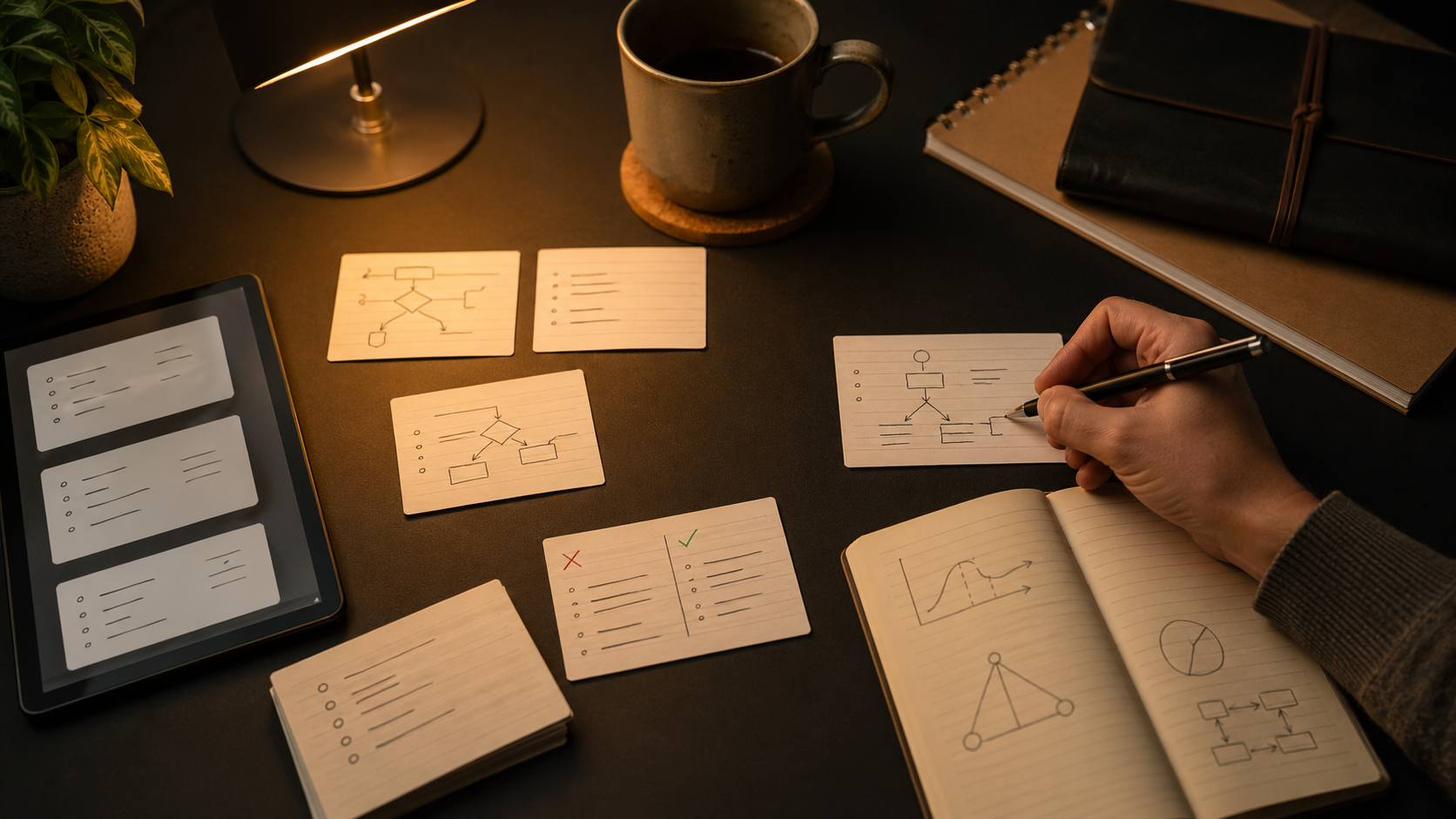 Project manager reviewing PMP situational flashcards, formula cards, and mock-exam mistake notes on a desk