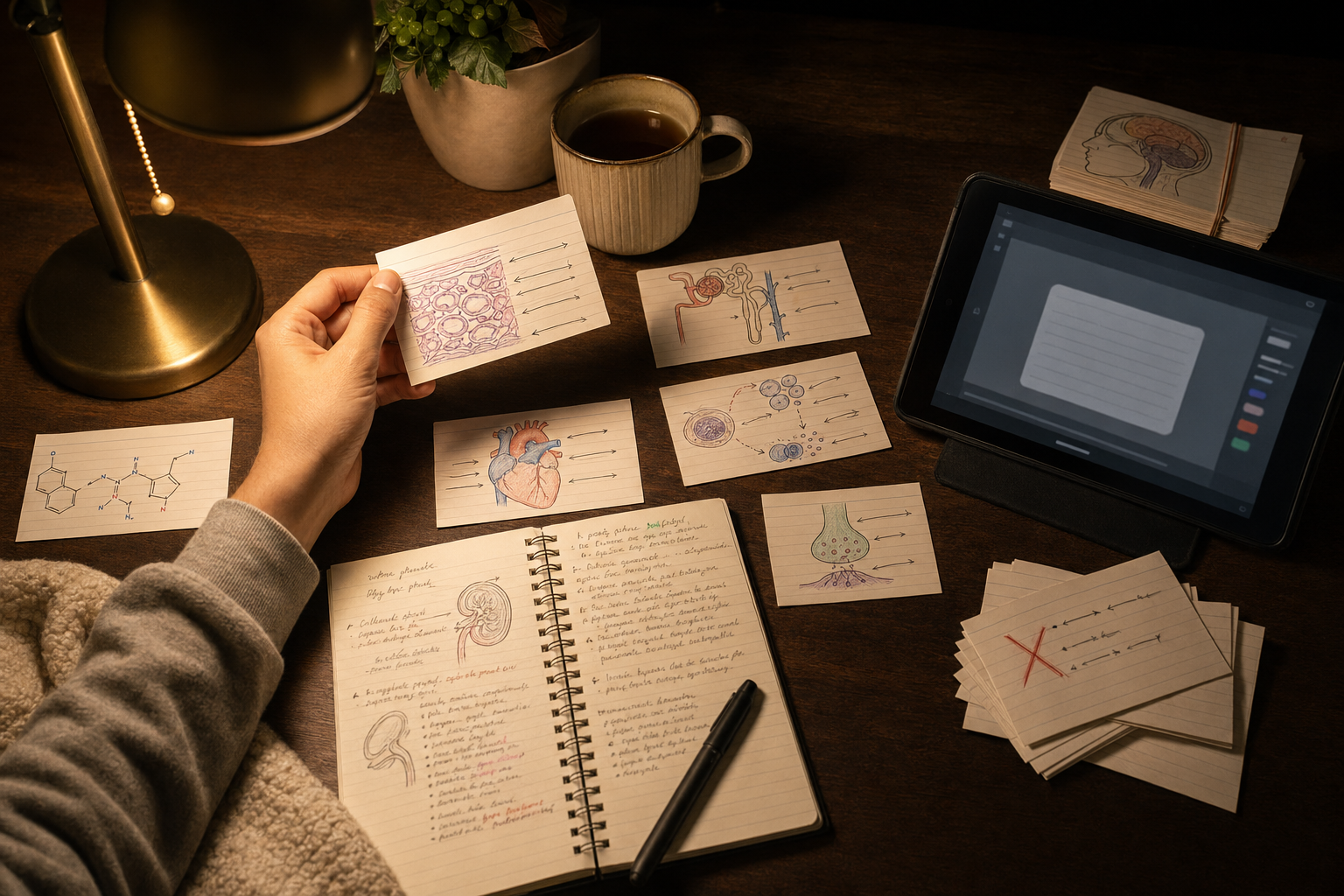 USMLE Step 1 study desk with integrated systems flashcards, pathology image cards, and question-bank mistake notes
