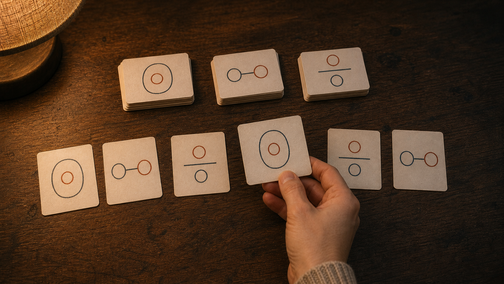 A hand mixes three related groups of flashcards into an interleaved practice sequence