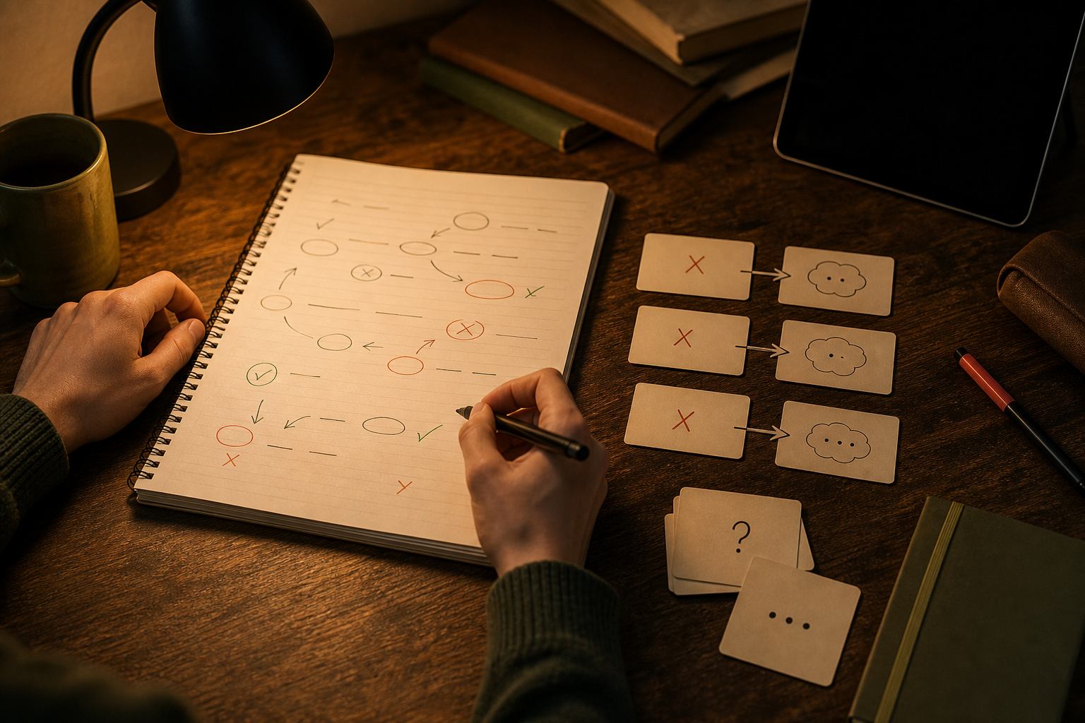 Warm desk scene showing a blank-page recall sheet turning into FSRS flashcards