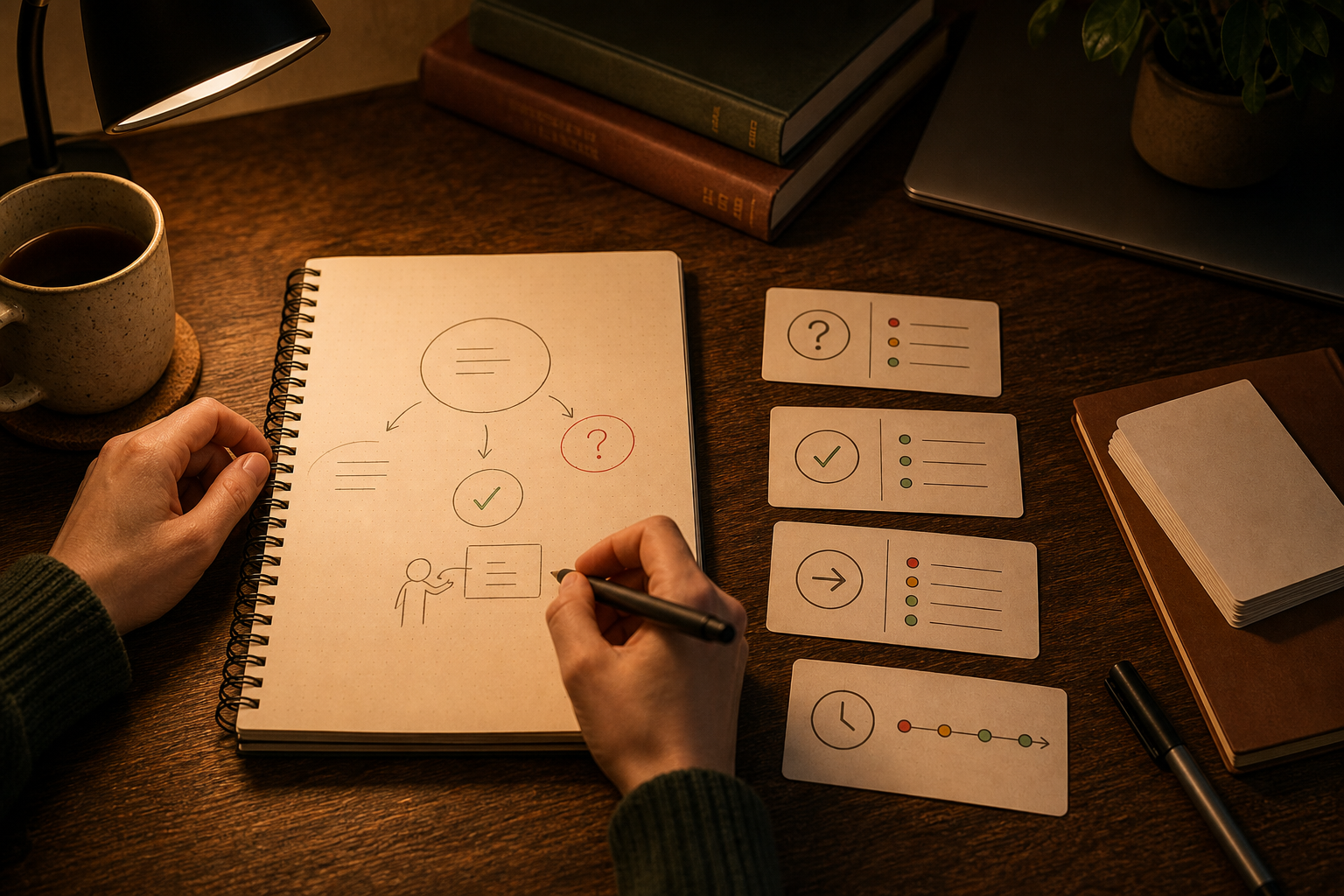 Warm desk scene showing a plain-language explanation turning into a few focused FSRS flashcards