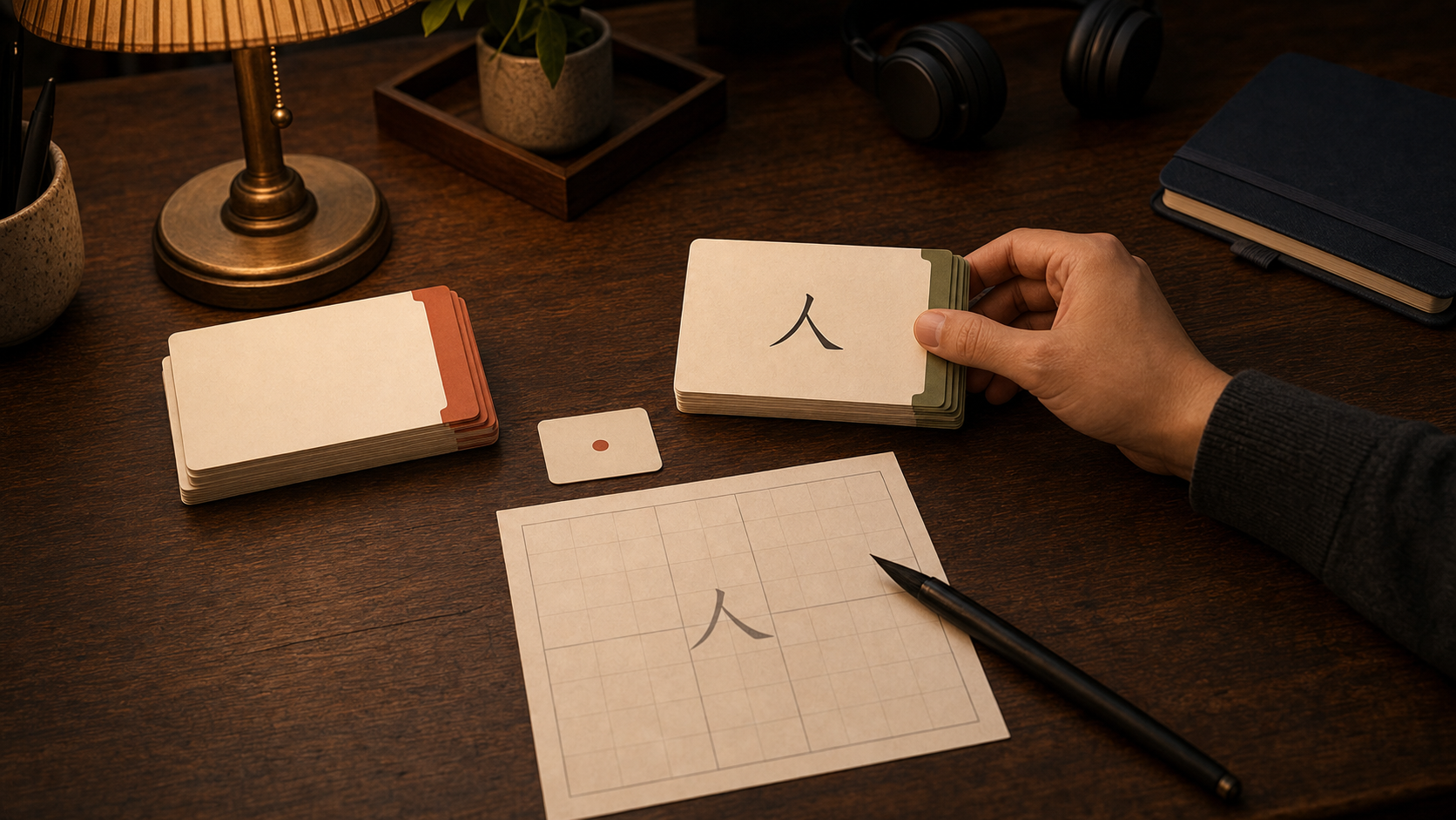 Learner's hand choosing between two separated flashcard stacks on a warm desk, with a Chinese character recognition card and a separate handwriting-practice grid