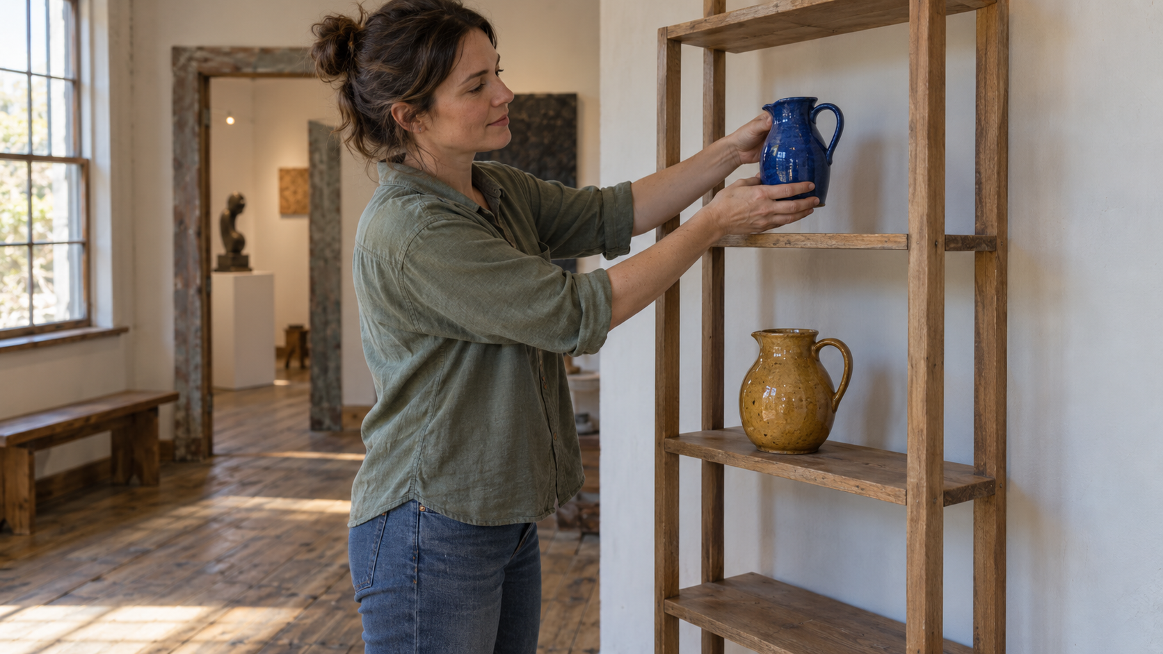 A woman lifts a blue ceramic pitcher above an ochre pitcher that remains on the middle shelf
