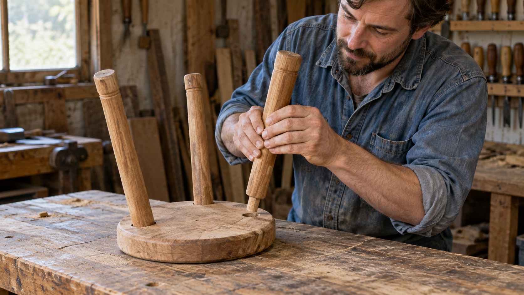 A woodworker dry-fitting the third leg into a small stool before gluing the joints