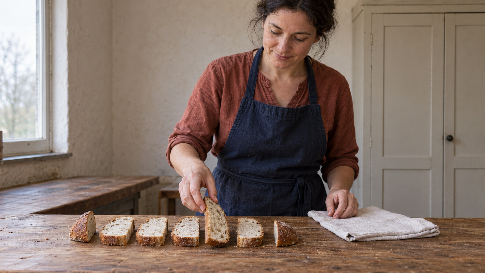 A woman lifts an interior bread slice from a row, with the two end heels set aside