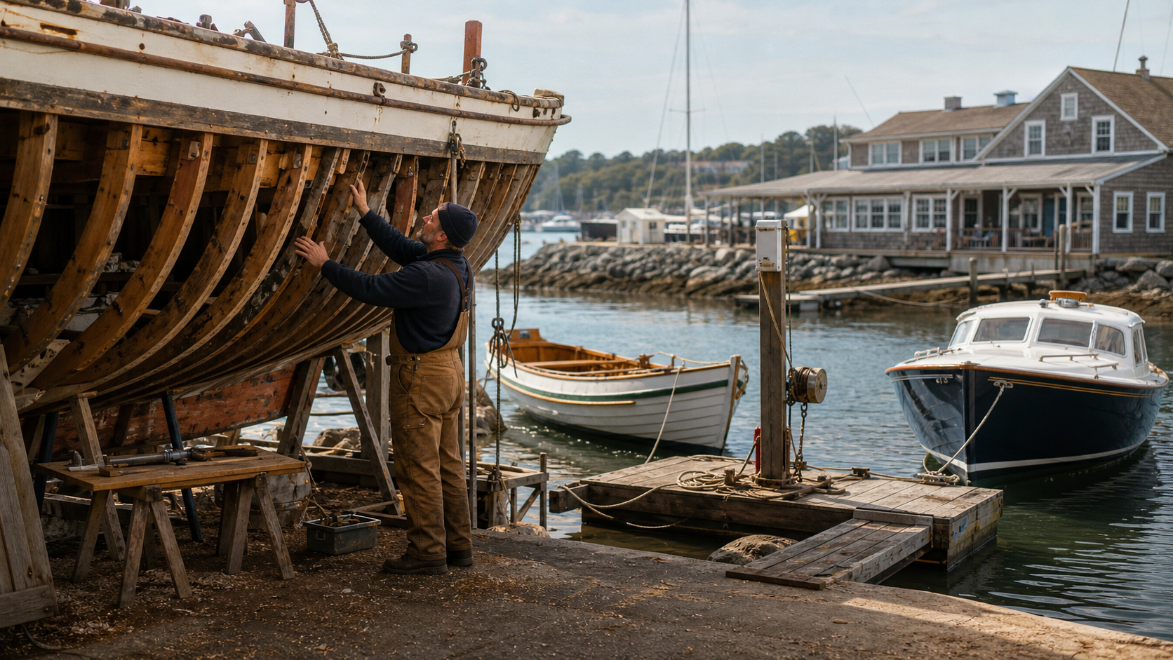 A boatbuilder inspects an exposed wooden hull beside a community-built rowboat, sealed tender, and small private transfer dock