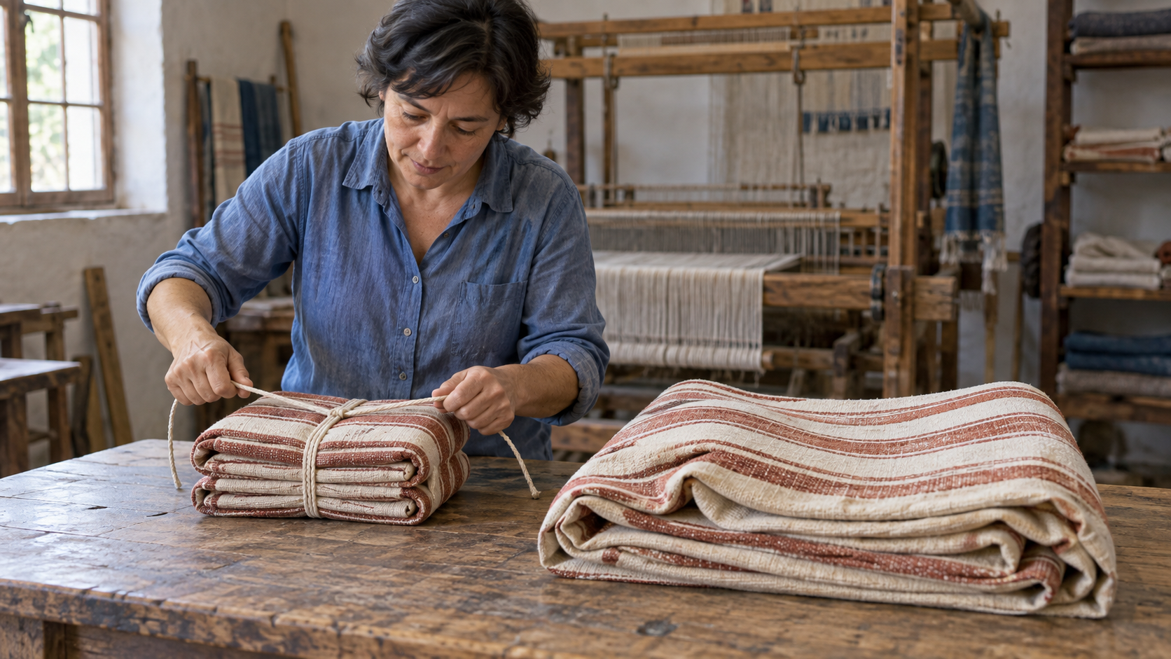 A woman tightens a cord around a compact striped fabric bundle beside a loosely folded matching bundle