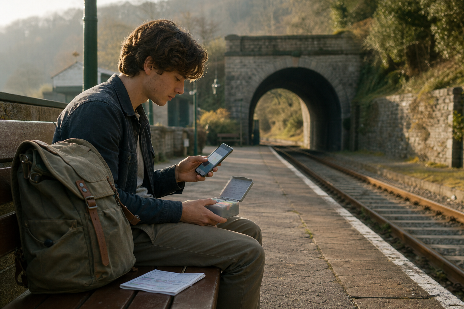 A student checks a phone, card case, and paper backup before a railway tunnel