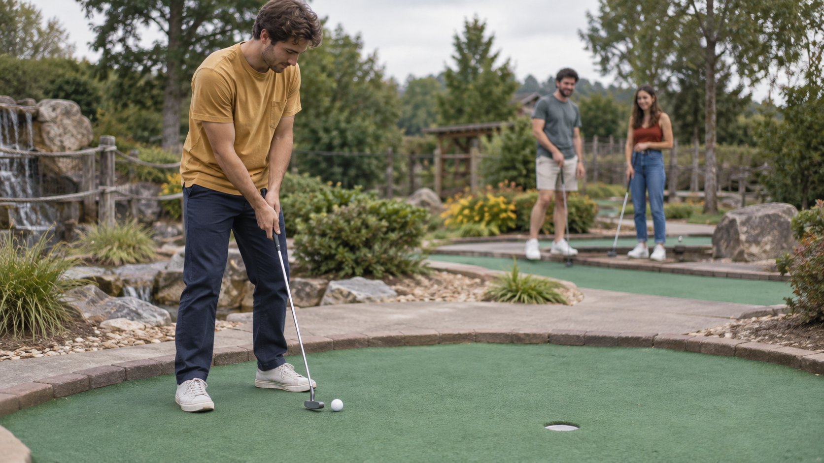 A mini-golf player practices a short putt while two friends wait at the next green