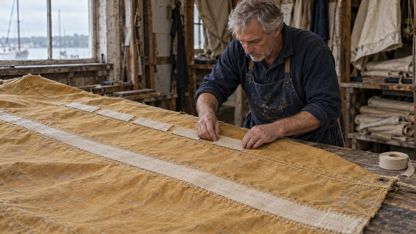 A sailmaker positions short linen reinforcement pieces beside a continuous strip on a worn canvas sail