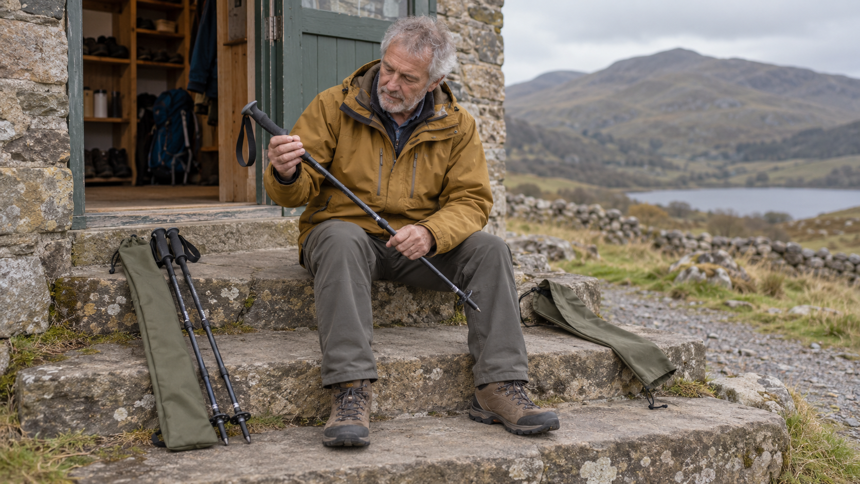A hillwalking volunteer checks a single trekking pole beside a ready pair and an empty spare carry sleeve