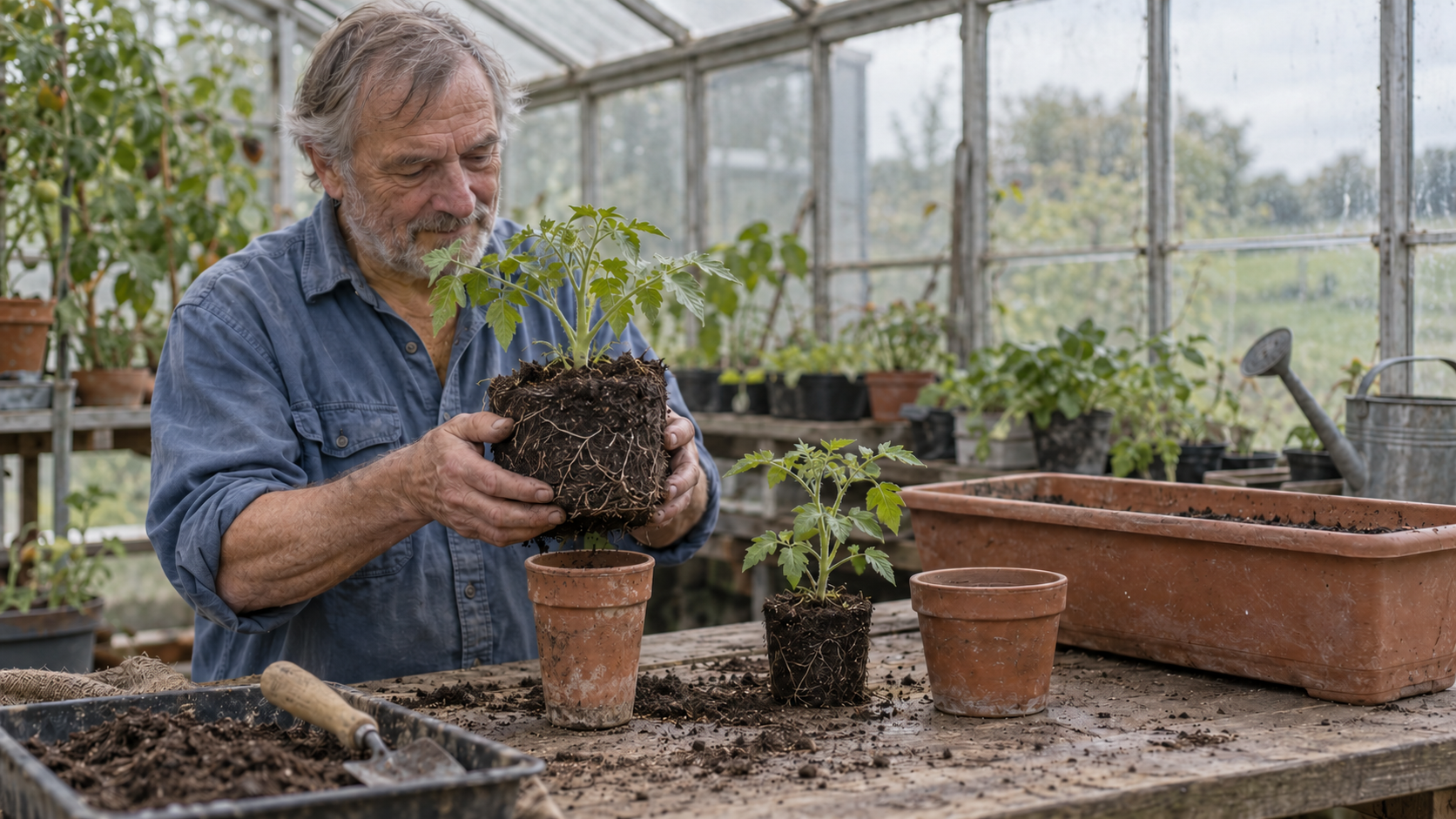 A gardener checks a broad seedling root ball against a narrow pot beside a smaller seedling and a roomy shared planter