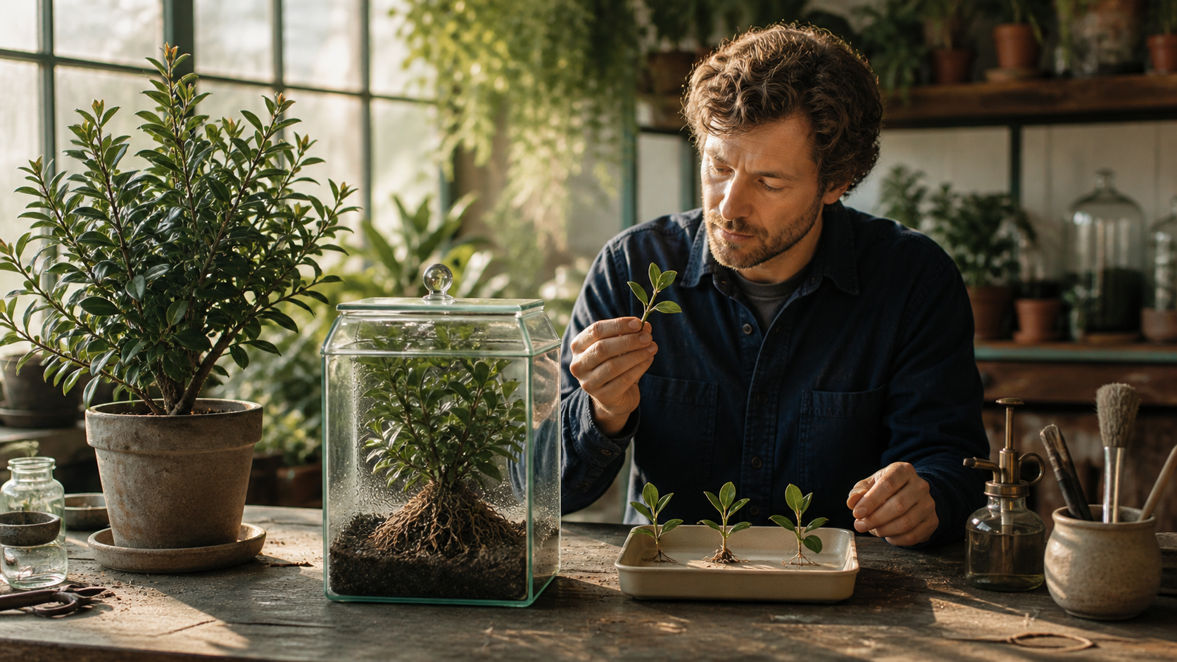 A botanist keeps the original plant intact beside a protected backup cutting and three test cuttings