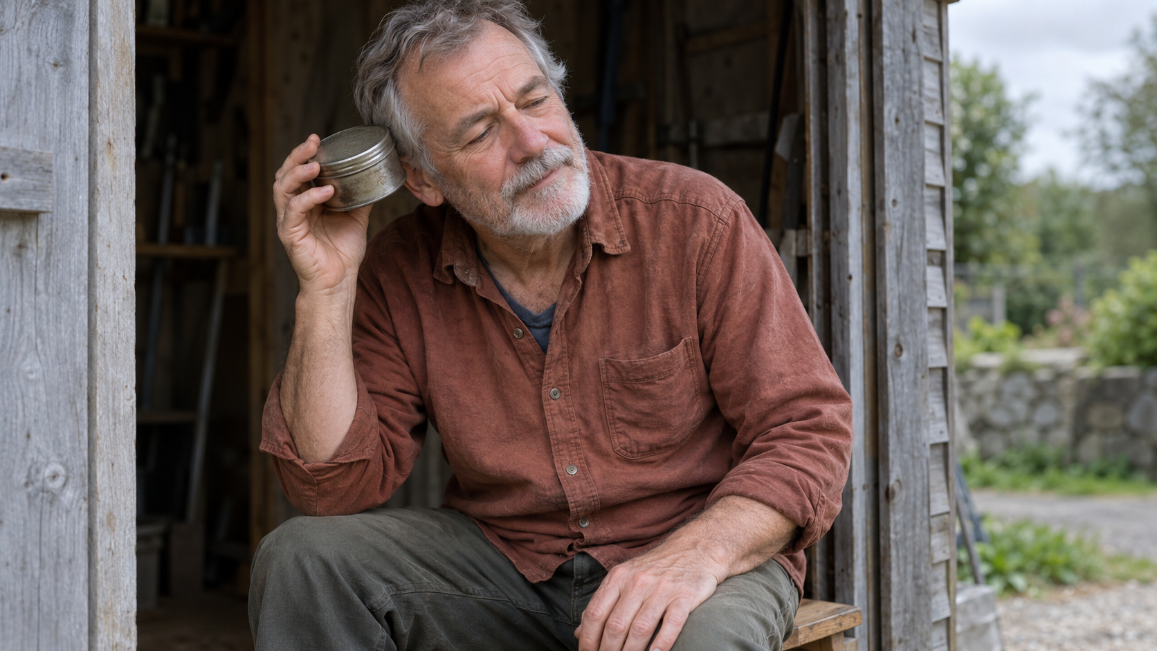 An older man listens to a closed metal tin beside his ear while sitting in a garden shed doorway