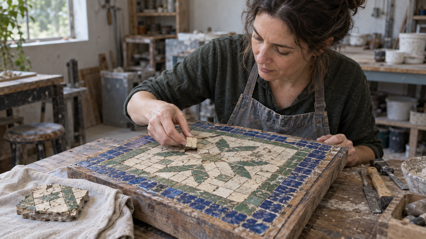 A woman fits a recovered cream tile into a mosaic while an older fragment rests separately and the blue border stays in place