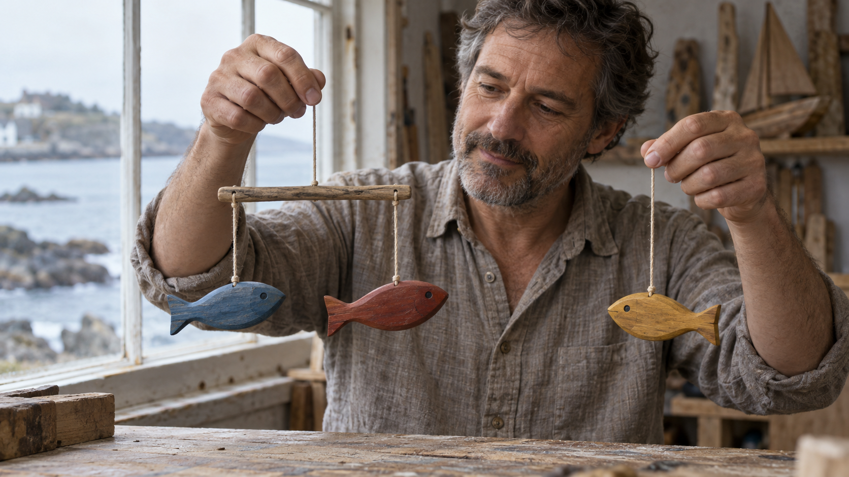 A toy-maker holds two carved fish from one balance bar and a third fish from an independent cord