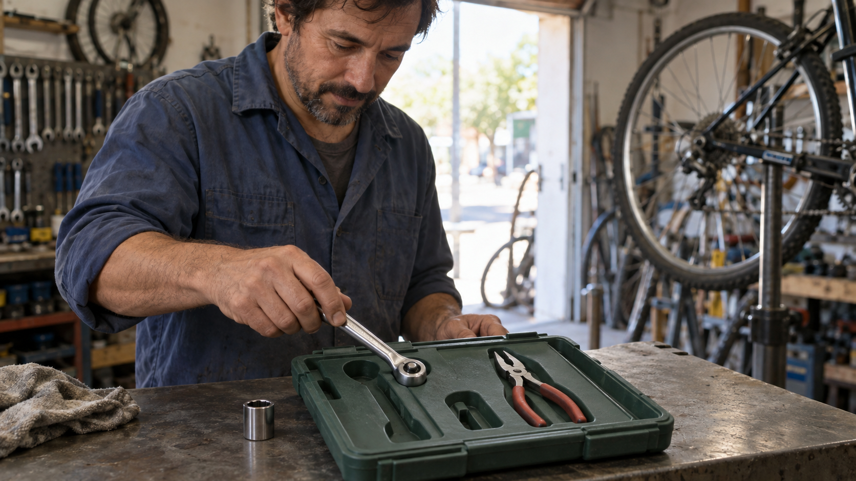A bicycle mechanic matches a wrench to its fitted tool case while a socket rests beside an empty recess