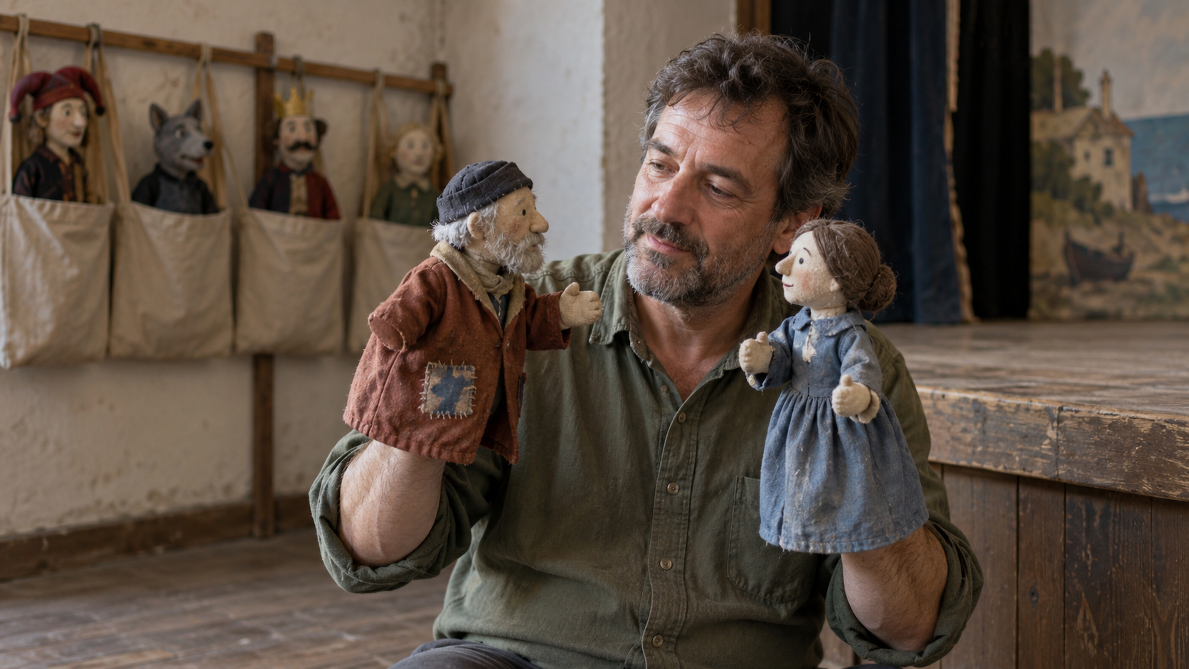 A puppeteer rehearses with two cloth puppets while the others stay in their backstage storage pockets