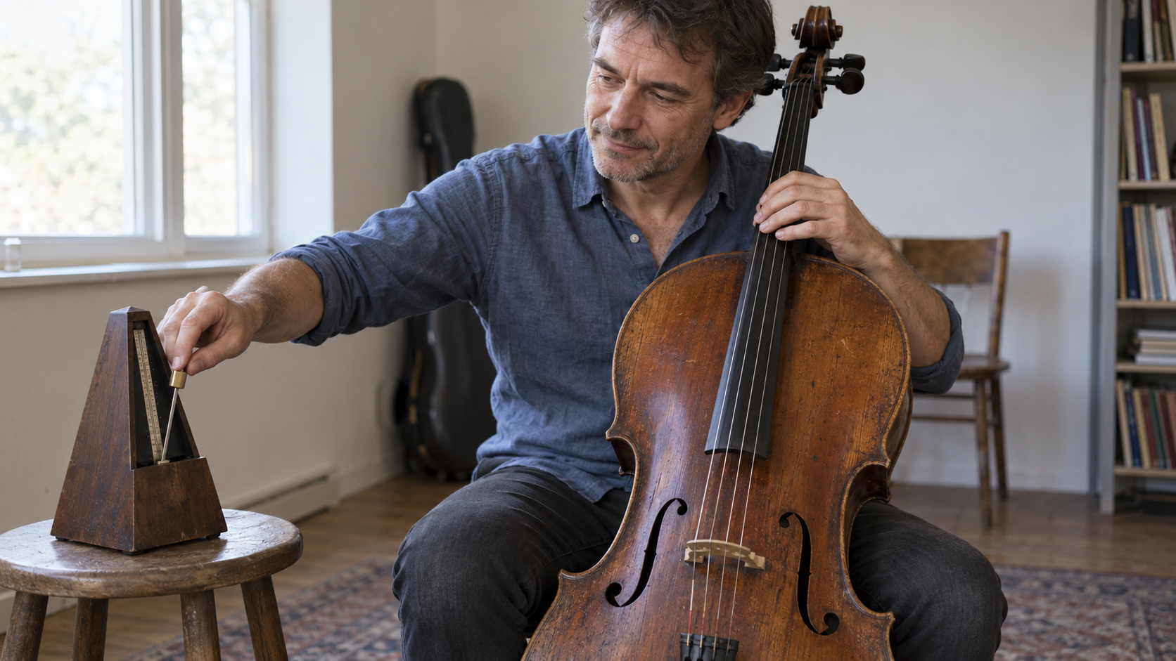 A cellist adjusts the brass weight on a wooden metronome while holding a well-worn cello