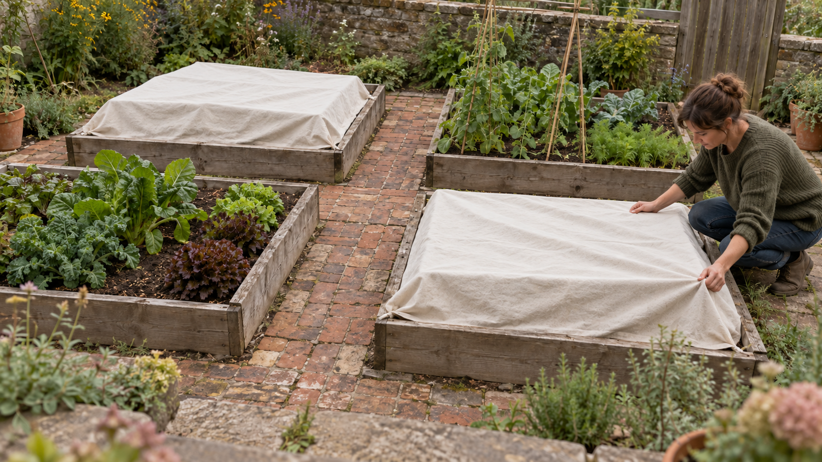 A gardener lays an opaque cloth over one of two covered garden beds while the brick paths remain visible